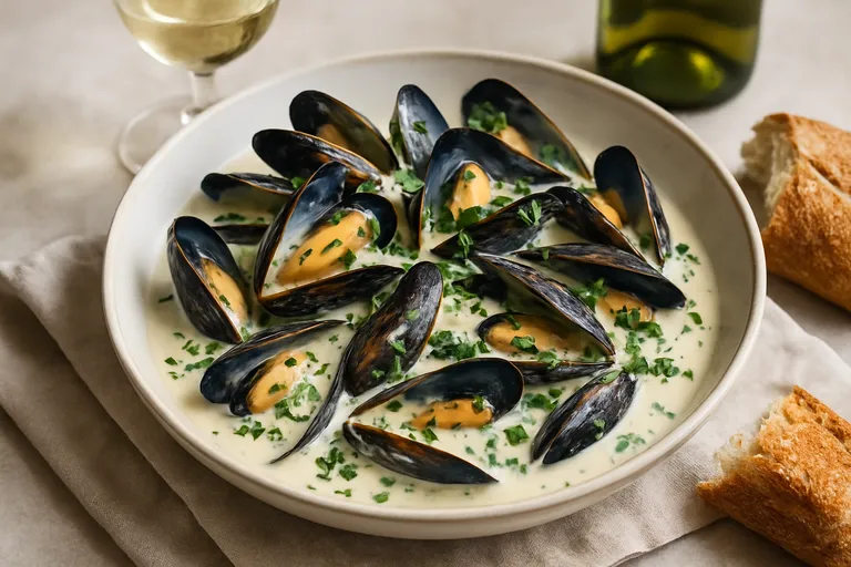 Franse mosselen met room, witte wijn, knoflook en verse kruiden