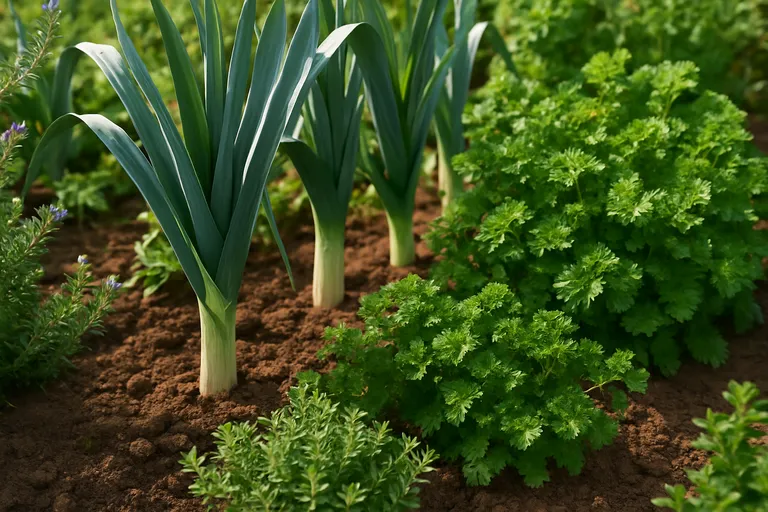 In de moestuin: kruiden naast prei