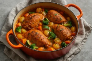 Kruidige kip uit de oven in een fluweelzachte stoof met seizoensgroenten