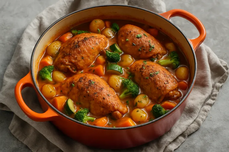 Kruidige kip uit de oven in een fluweelzachte stoof met seizoensgroenten