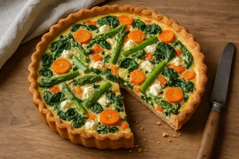 Vegetarische quiche met knapperige korst en romige vulling vol seizoensgroenten